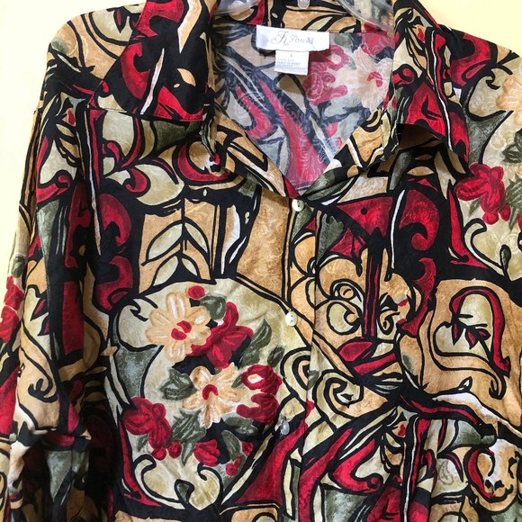 K Arnold Vintage Floral 100% Silk Shirt L - Picture 2 of 8